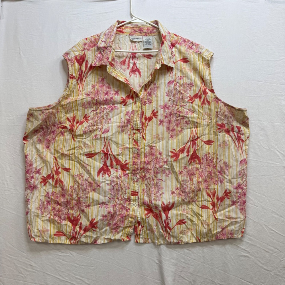 White Stag Womens Plus 30W/32W Sleeveless Button Down Floral Striped Racy Pink